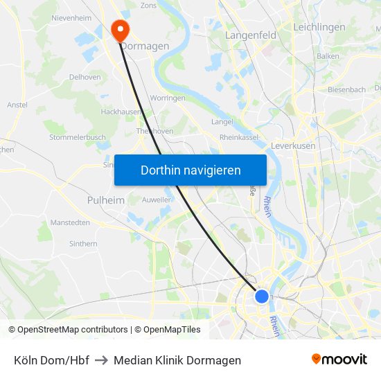 Köln Dom/Hbf to Median Klinik Dormagen map