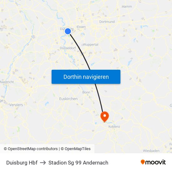 Duisburg Hbf to Stadion Sg 99 Andernach map