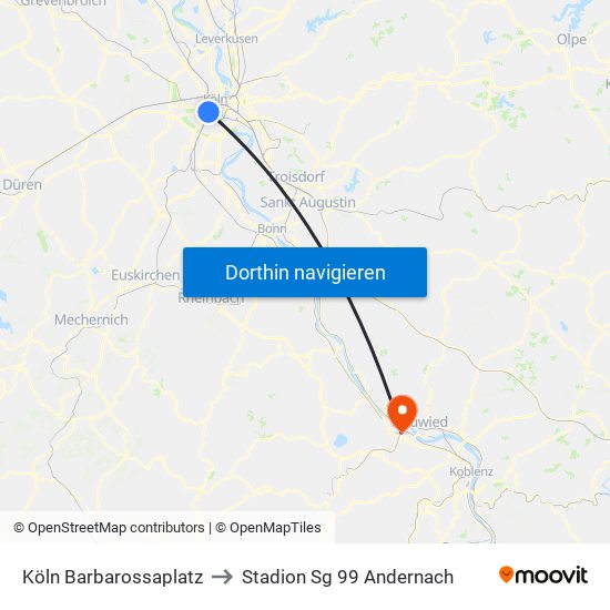 Köln Barbarossaplatz to Stadion Sg 99 Andernach map