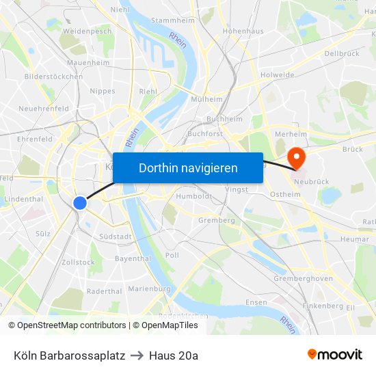 Köln Barbarossaplatz to Haus 20a map