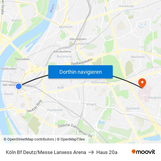 Köln Bf Deutz/Messe Lanxess Arena to Haus 20a map