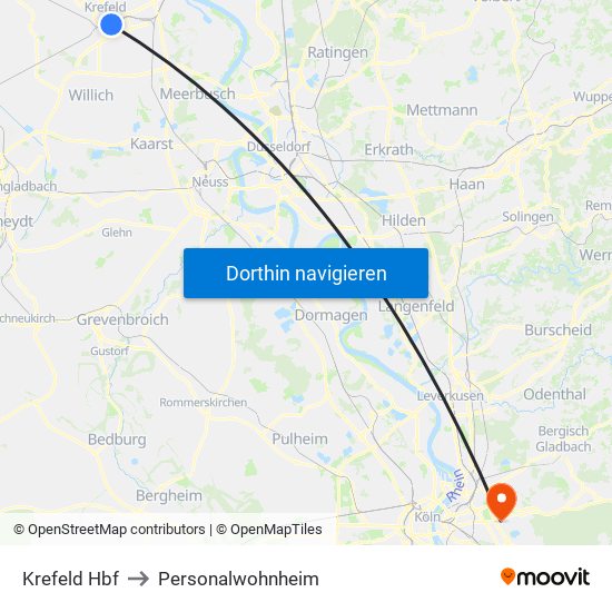 Krefeld Hbf to Personalwohnheim map