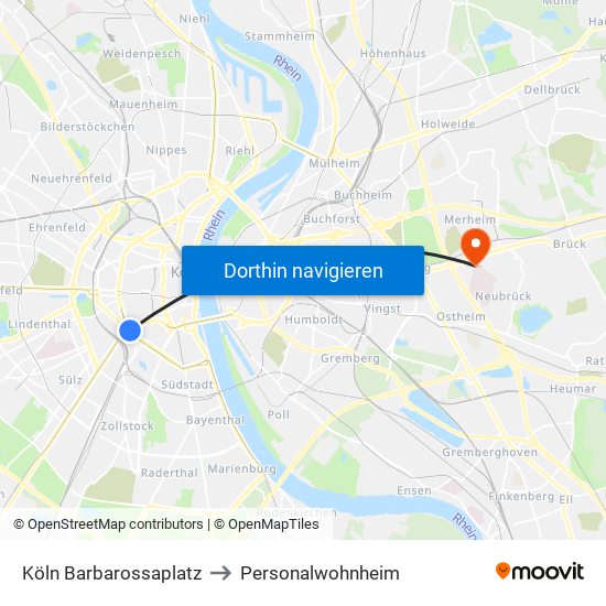 Köln Barbarossaplatz to Personalwohnheim map