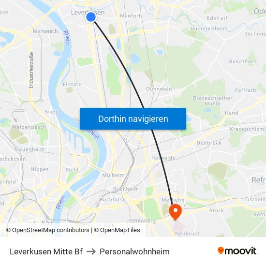 Leverkusen Mitte Bf to Personalwohnheim map