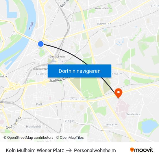 Köln Mülheim Wiener Platz to Personalwohnheim map