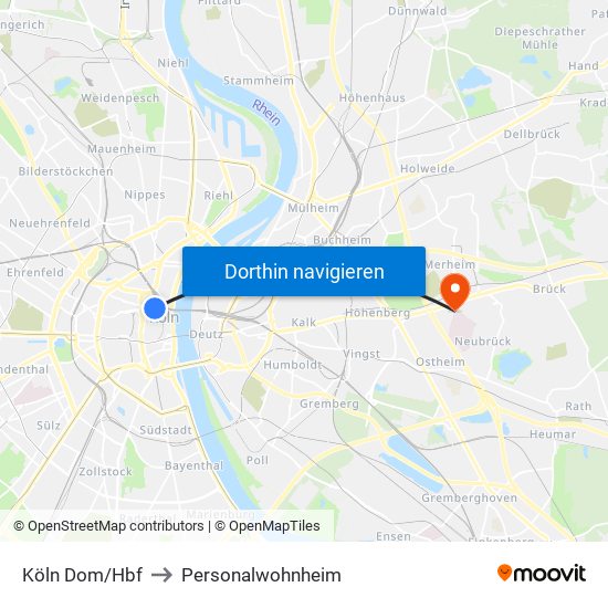 Köln Dom/Hbf to Personalwohnheim map