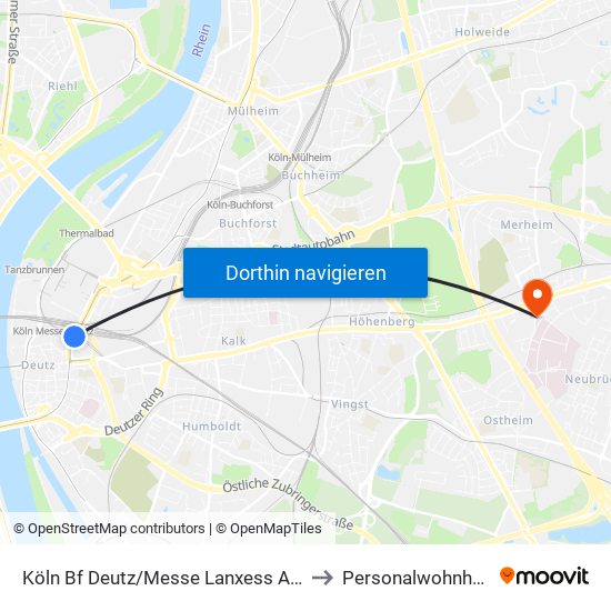Köln Bf Deutz/Messe Lanxess Arena to Personalwohnheim map