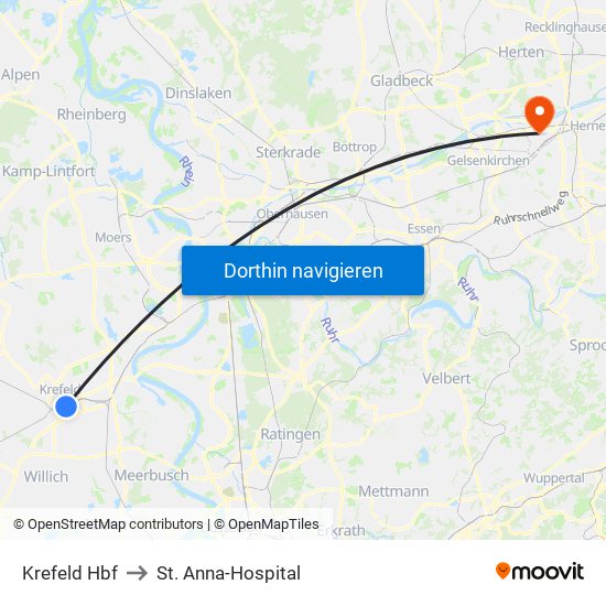 Krefeld Hbf to St. Anna-Hospital map