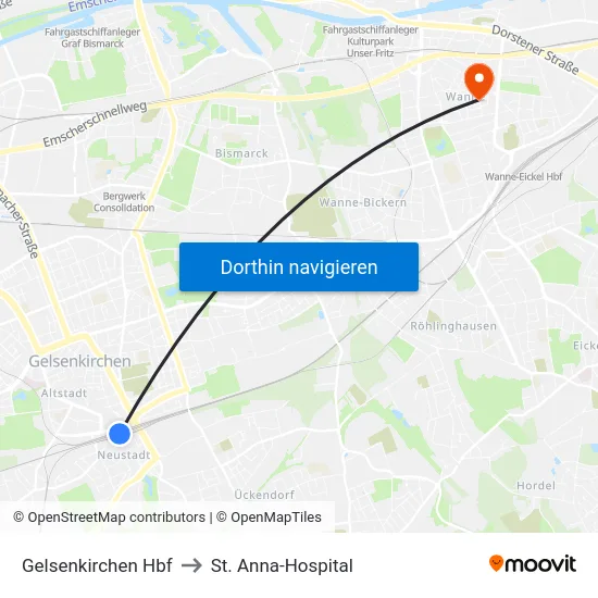 Gelsenkirchen Hbf to St. Anna-Hospital map