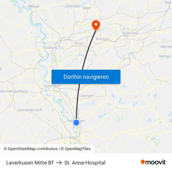 Leverkusen Mitte Bf to St. Anna-Hospital map