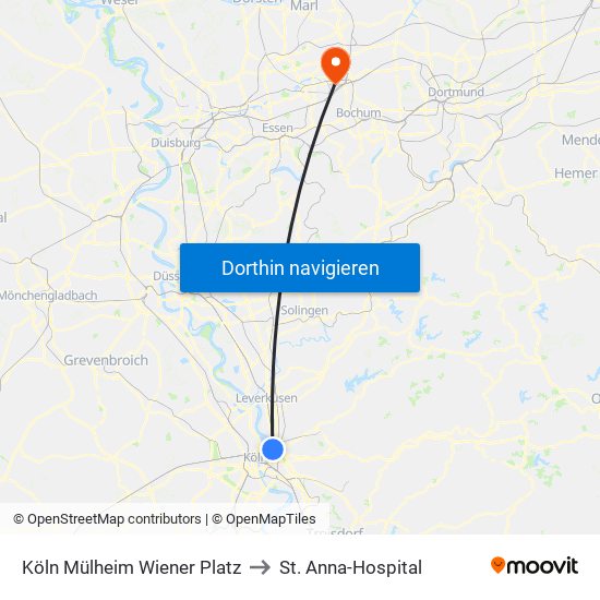 Köln Mülheim Wiener Platz to St. Anna-Hospital map