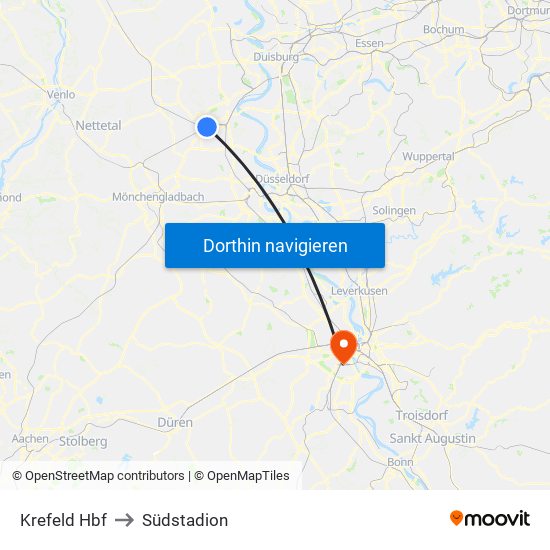 Krefeld Hbf to Südstadion map