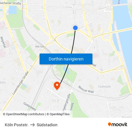 Köln Poststr. to Südstadion map