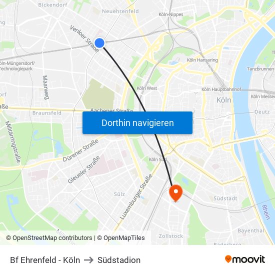 Bf Ehrenfeld - Köln to Südstadion map