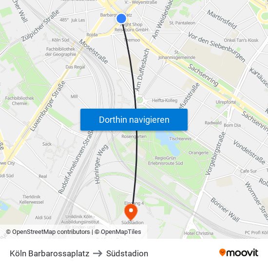 Köln Barbarossaplatz to Südstadion map