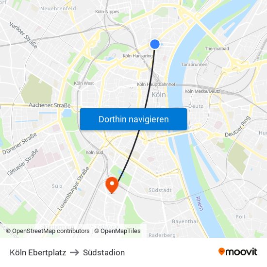 Köln Ebertplatz to Südstadion map