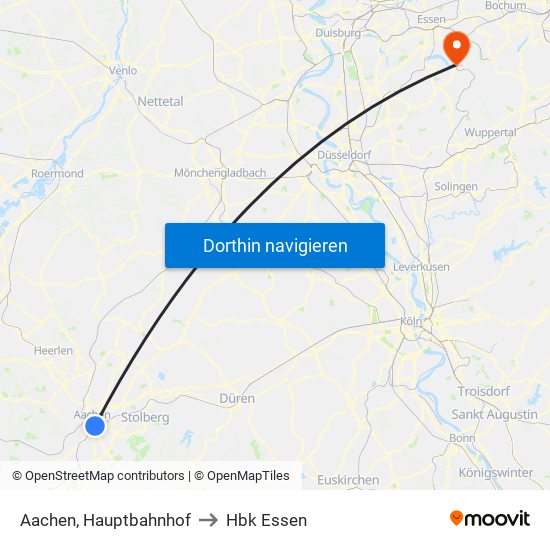 Aachen, Hauptbahnhof to Hbk Essen map
