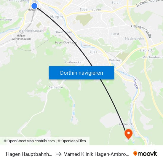 Hagen Hauptbahnhof to Vamed Klinik Hagen-Ambrock map