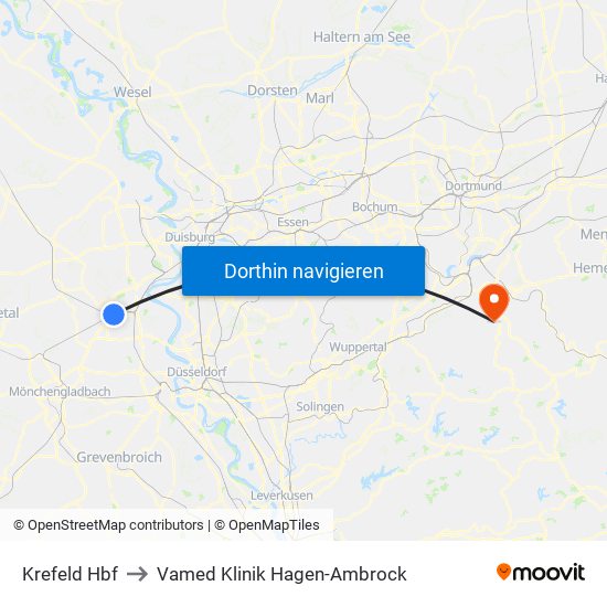 Krefeld Hbf to Vamed Klinik Hagen-Ambrock map