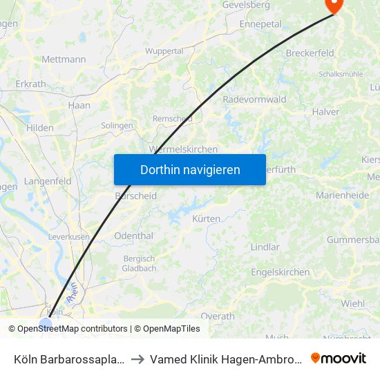 Köln Barbarossaplatz to Vamed Klinik Hagen-Ambrock map