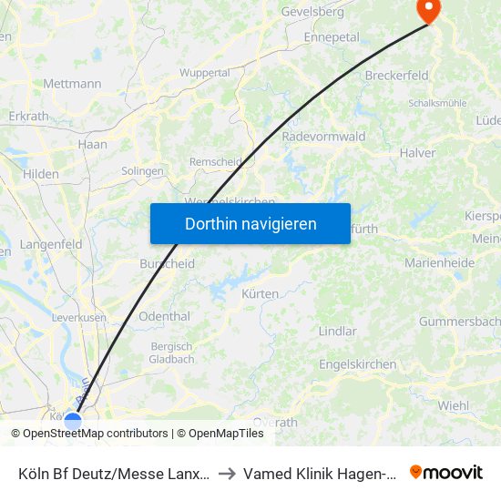 Köln Bf Deutz/Messe Lanxess Arena to Vamed Klinik Hagen-Ambrock map