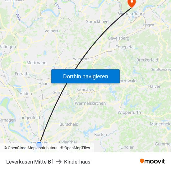 Leverkusen Mitte Bf to Kinderhaus map