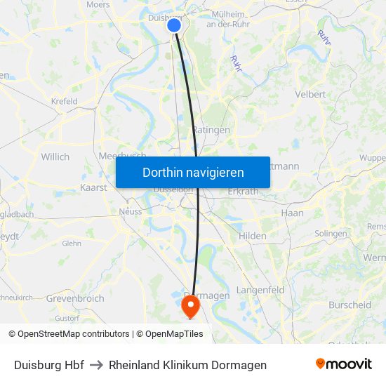 Duisburg Hbf to Rheinland Klinikum Dormagen map