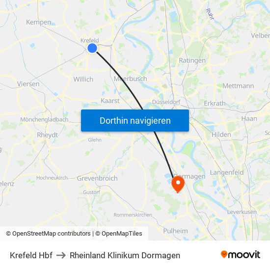 Krefeld Hbf to Rheinland Klinikum Dormagen map