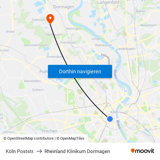 Köln Poststr. to Rheinland Klinikum Dormagen map