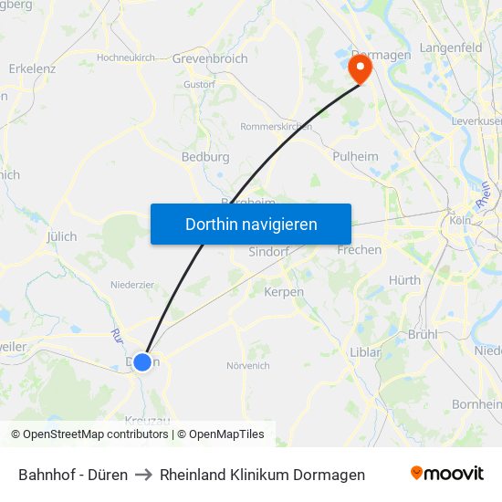 Bahnhof - Düren to Rheinland Klinikum Dormagen map