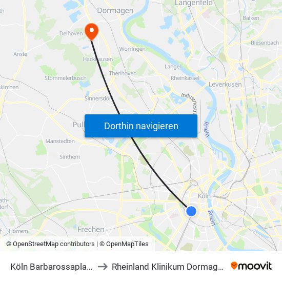 Köln Barbarossaplatz to Rheinland Klinikum Dormagen map
