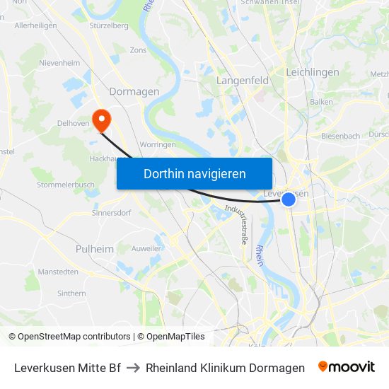 Leverkusen Mitte Bf to Rheinland Klinikum Dormagen map