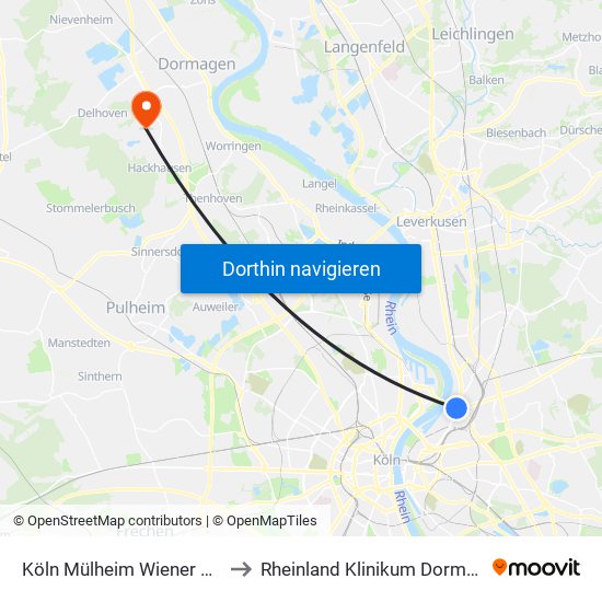 Köln Mülheim Wiener Platz to Rheinland Klinikum Dormagen map