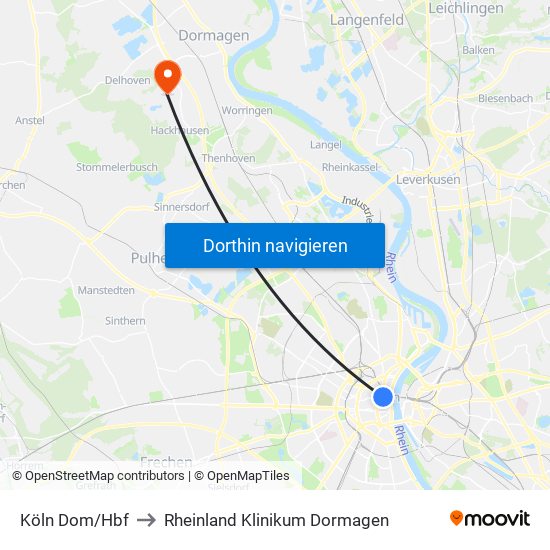 Köln Dom/Hbf to Rheinland Klinikum Dormagen map