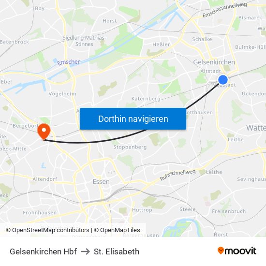Gelsenkirchen Hbf to St. Elisabeth map