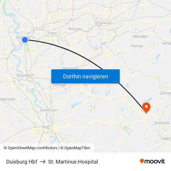 Duisburg Hbf to St. Martinus-Hospital map