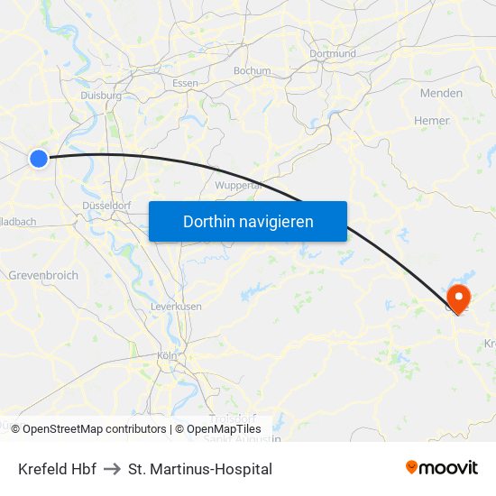 Krefeld Hbf to St. Martinus-Hospital map
