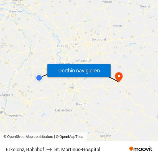 Erkelenz, Bahnhof to St. Martinus-Hospital map