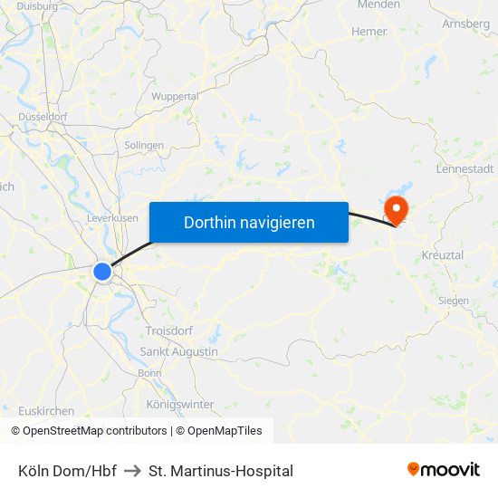 Köln Dom/Hbf to St. Martinus-Hospital map