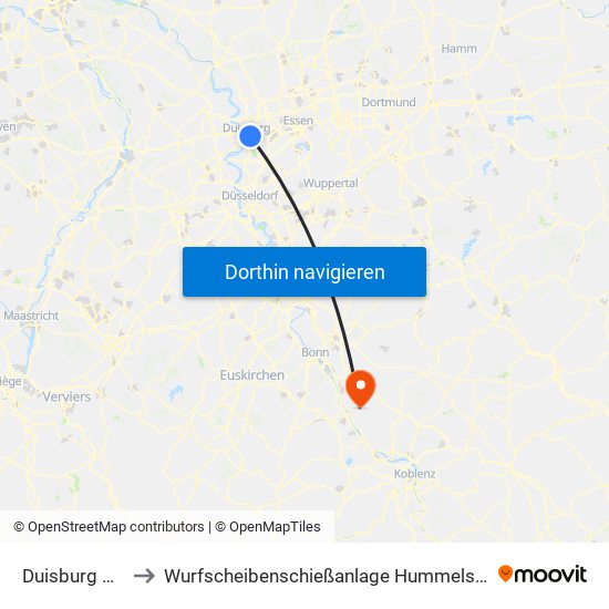 Duisburg Hbf to Wurfscheibenschießanlage Hummelsberg map