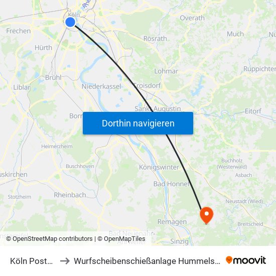 Köln Poststr. to Wurfscheibenschießanlage Hummelsberg map