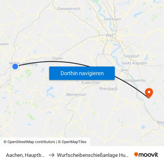 Aachen, Hauptbahnhof to Wurfscheibenschießanlage Hummelsberg map