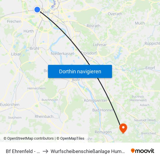Bf Ehrenfeld - Köln to Wurfscheibenschießanlage Hummelsberg map