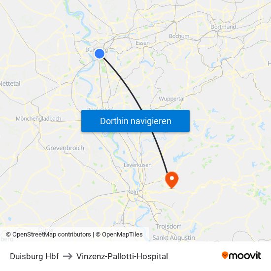 Duisburg Hbf to Vinzenz-Pallotti-Hospital map