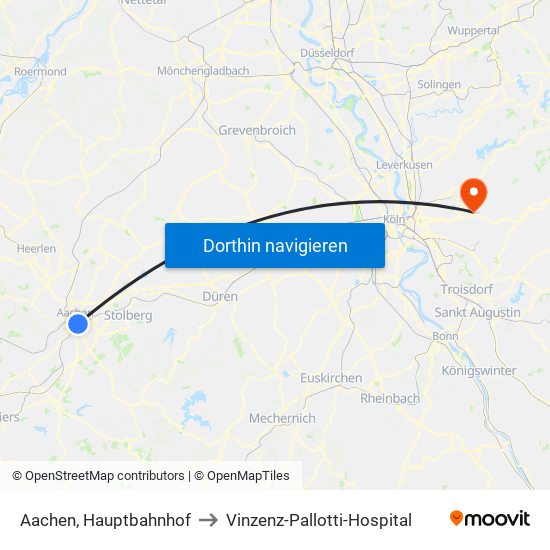 Aachen, Hauptbahnhof to Vinzenz-Pallotti-Hospital map