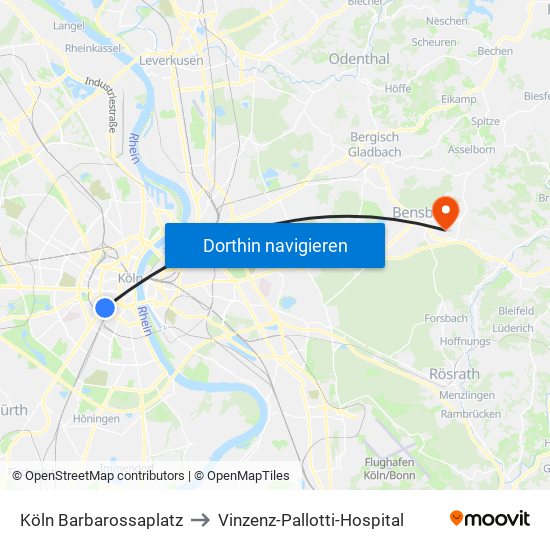 Köln Barbarossaplatz to Vinzenz-Pallotti-Hospital map