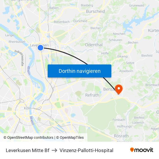 Leverkusen Mitte Bf to Vinzenz-Pallotti-Hospital map