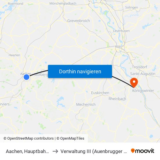 Aachen, Hauptbahnhof to Verwaltung III (Auenbrugger Haus) map