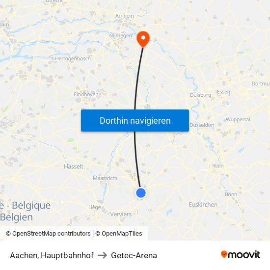 Aachen, Hauptbahnhof to Getec-Arena map