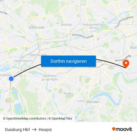 Duisburg Hbf to Hospiz map